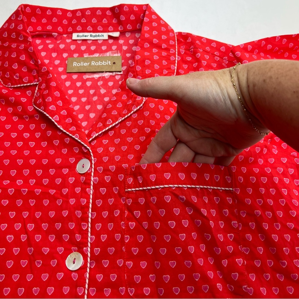 Roller Rabbit Red Pink Heart Button Front Nightgown Sleep Tunic Shirt Medium NEW - Picture 9 of 11